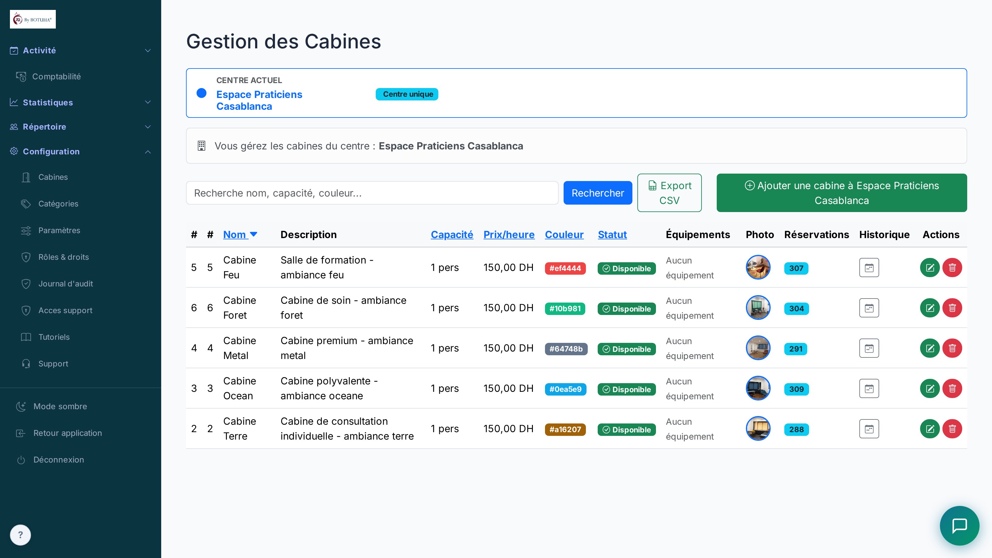 Gestion des cabines — création, prix par heure, couleur et statut de chaque cabine