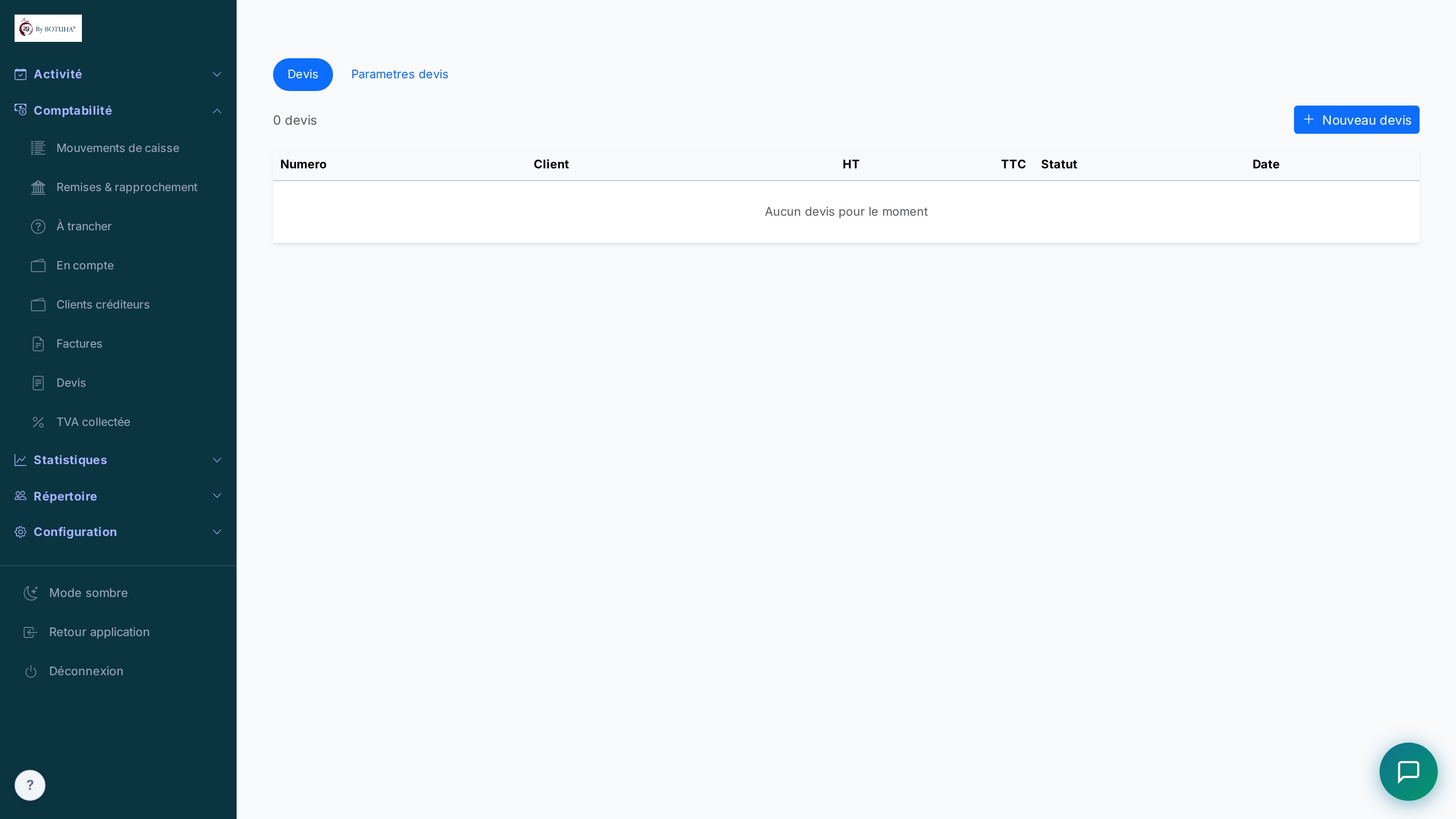 Devis — liste avec statuts brouillon, envoyé, validé
